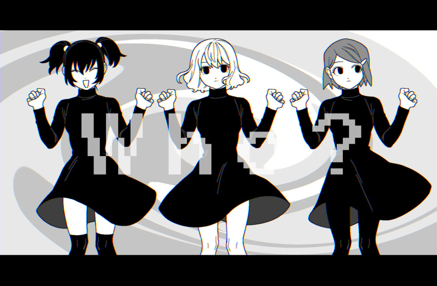 3girls ^_^ abstract_background bob_cut chromatic_aberration closed_eyes commentary_request dancing dress empty_eyes facing_viewer feet_out_of_frame hair_behind_ear hair_ornament hairclip highres ichimura_shiho letterboxed lineup long_sleeves looking_at_viewer looking_to_the_side midori_(rgonkr) mitsuya_yuki multiple_girls nikaidou_rui odd_taxi open_mouth over-kneehighs pantyhose parody pigeon-toed short_dress short_hair short_twintails smile song_name spoilers standing swept_bangs thighhighs turtleneck_dress twintails w_arms wavy_hair who?_(vocaloid)