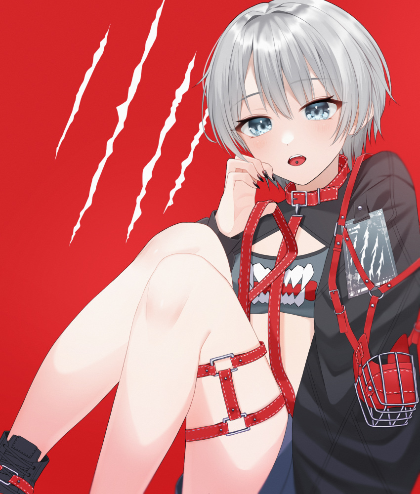 1girl blue_eyes claw_mark claw_pose collar fangs grey_hair highres holding holding_leash knees_up leash long_sleeves looking_at_viewer muzzle nail_polish open_mouth original piercing red_background short_hair shrug_(clothing) sitting solo sports_bra thigh_strap tongue_piercing wanko_(yurika0320)