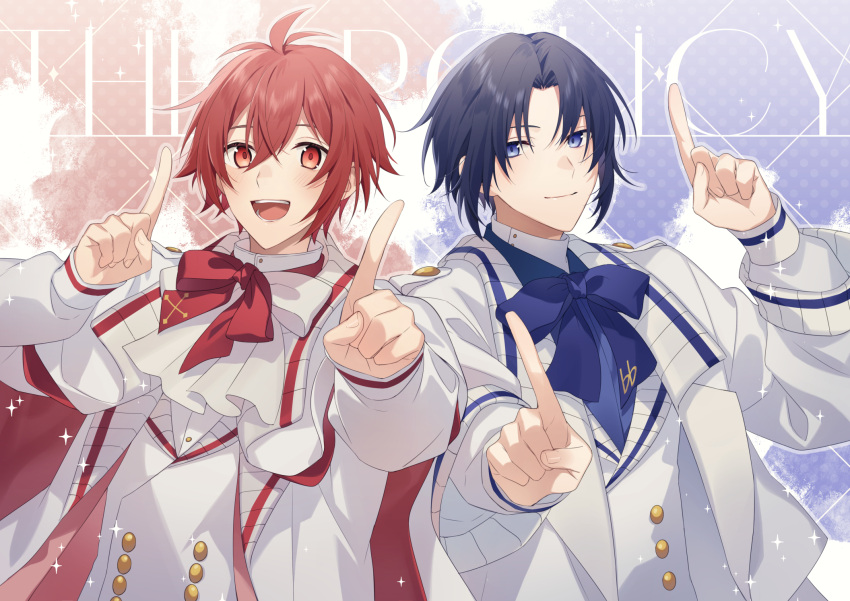 2boys aiue_o_eiua blue_background blue_bow blue_bowtie blue_eyes blue_hair blush bow bowtie buttons closed_mouth commentary_request fly_away_(idolish7) highres idolish7 izumi_iori jacket leaning_back looking_at_viewer male_focus multiple_boys nanase_riku open_mouth pointing pointing_up red_background red_bow red_bowtie red_eyes red_hair short_hair sidelocks smile two-tone_background upper_body vest white_bow white_bowtie white_jacket white_vest