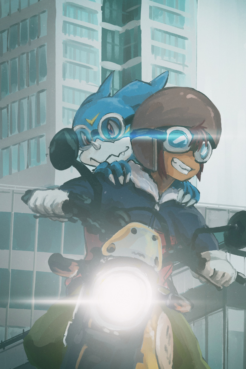 1boy brown_hair building clenched_hand digimon digimon_(creature) digimon_adventure_02 fang feet_out_of_frame fur-trimmed_jacket fur_trim gloves goggles green_pants ground_vehicle helmet highres jacket kubota_keita light male_focus motomiya_daisuke motor_vehicle motorcycle pants riding sitting veemon wavy_mouth white_gloves