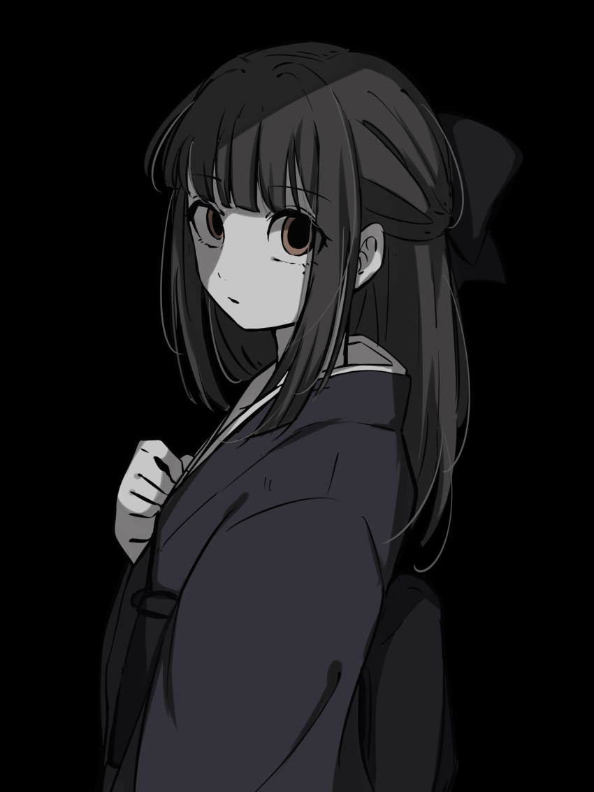 1girl arm_at_side bow brown_eyes commentary_request dilated_pupils empty_eyes expressionless from_side gegege_no_kitarou greyscale hair_bow half_updo hand_on_own_chest hand_up highres japanese_clothes kimono kitarou_tanjou:_gegege_no_nazo long_hair long_sleeves looking_at_viewer monochrome obi parted_lips ryuuga_sayo sash shiirodesu sidelocks simple_background solo spot_color upper_body