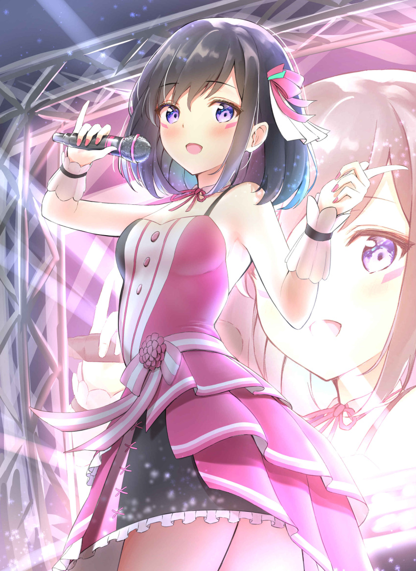 1girl absurdres azki_(3rd_costume)_(hololive) azki_(hololive) black_hair blush breasts cowboy_shot detached_collar dress hair_ribbon highres holding holding_microphone hololive idol index_finger_raised kon_(07263545) looking_at_viewer microphone nail_polish neck_ribbon official_alternate_costume open_mouth pinky_out purple_eyes ribbon sash short_hair sleeveless sleeveless_dress small_breasts smile solo stage stage_lights virtual_youtuber wrist_cuffs