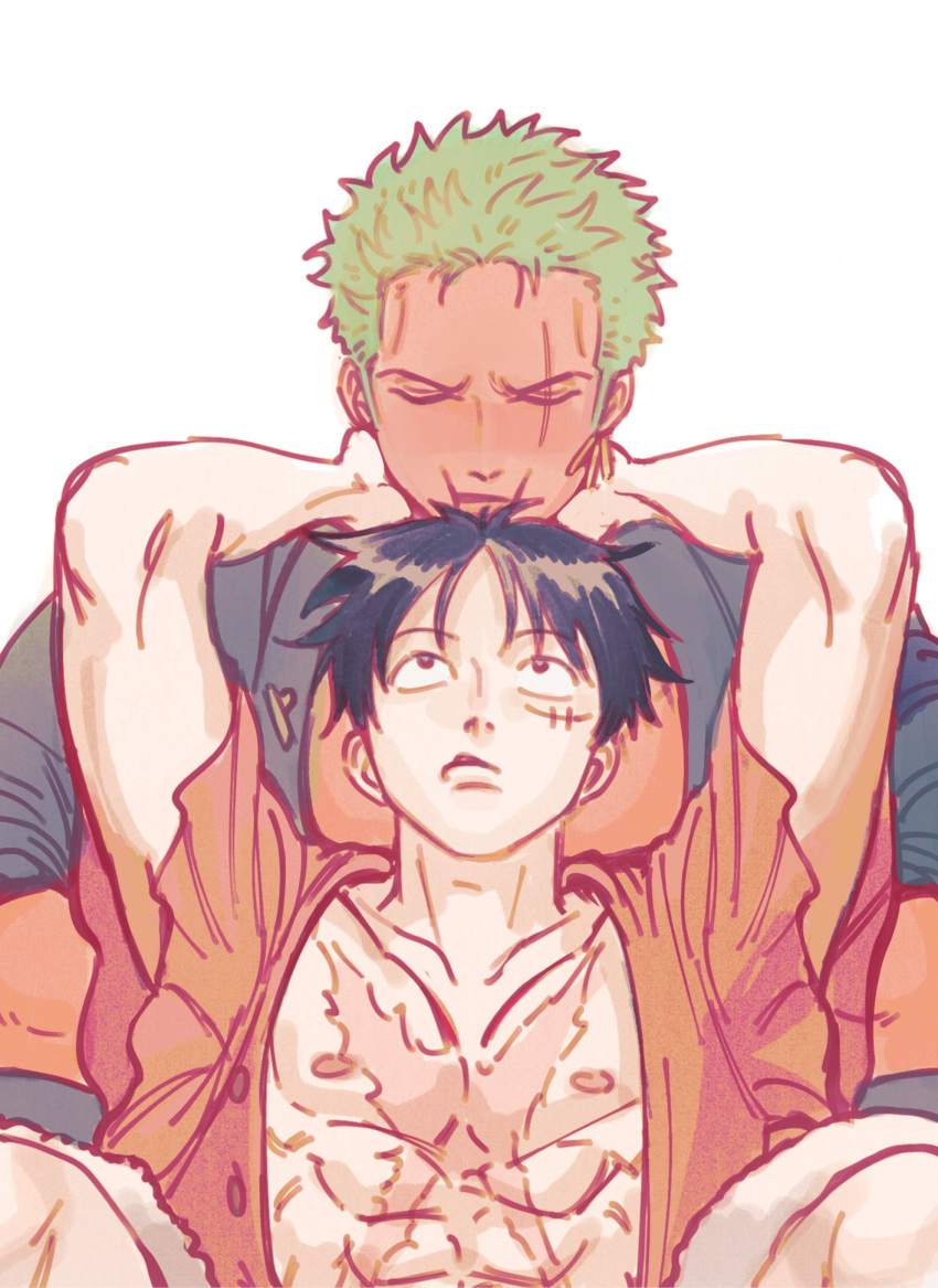 2boys abs arms_up bare_pectorals black_eyes black_hair blush closed_eyes couple dark-skinned_male dark_skin earrings green_hair hand_on_another's_neck highres jewelry looking_up male_focus monkey_d._luffy multiple_boys nipples nok_(nok_1) one_piece open_clothes open_shirt pectoral_pillow pectorals red_shirt roronoa_zoro scar scar_on_cheek scar_on_chest scar_on_face shirt short_hair sideburns simple_background single_earring sitting upper_body white_background yaoi