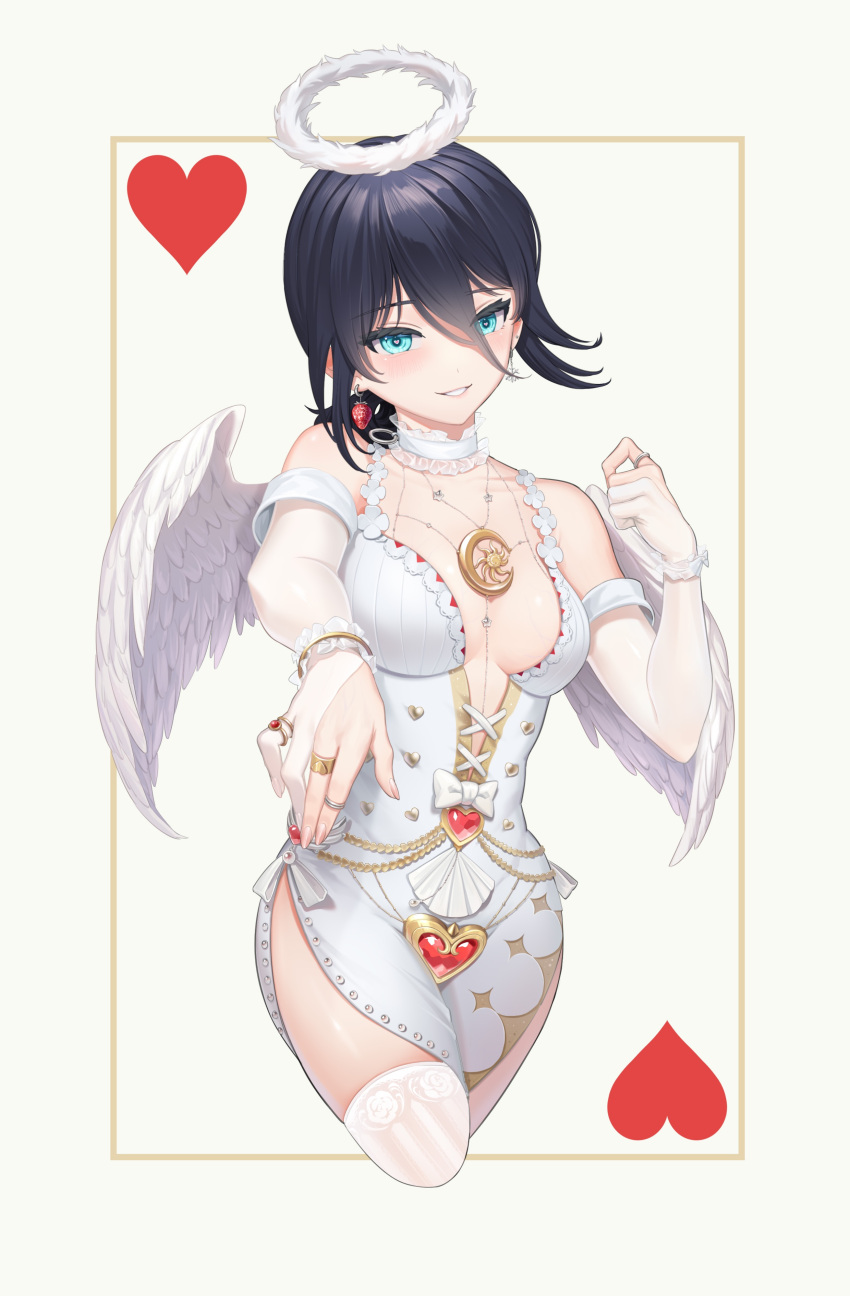 1girl absurdres angel_wings aqua_eyes black_hair breasts card_(medium) chainsaw_man choker crescent cropped_legs dress earrings elbow_gloves food-themed_earrings frilled_choker frills fur_halo gloves hair_between_eyes halo heart highres jewelry kiunchiku medium_breasts mismatched_earrings multiple_rings partially_fingerless_gloves plunging_neckline reze_(chainsaw_man) ring side_slit solo strawberry_earrings thighhighs white_choker white_dress white_gloves white_thighhighs wings wrist_cuffs