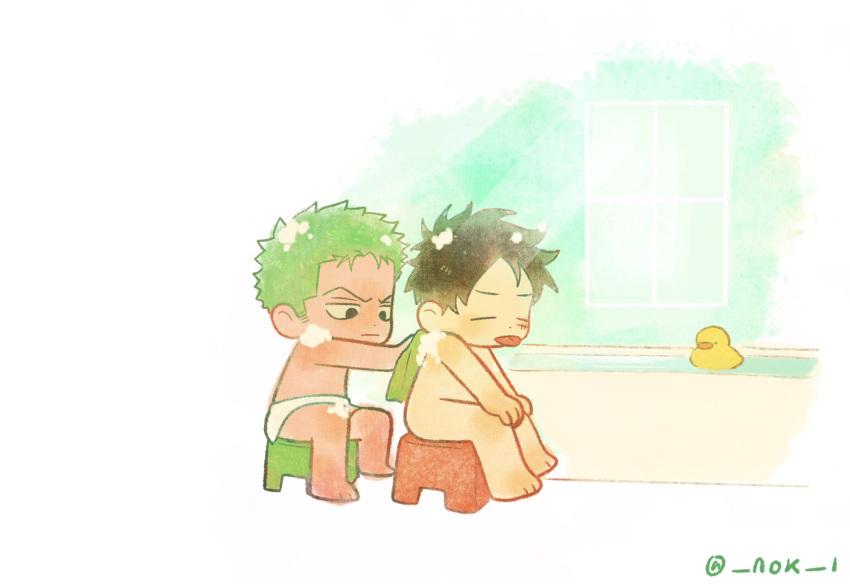 2boys bathing bathroom bathtub black_hair chibi closed_eyes completely_nude couple full_body green_hair green_towel highres looking_at_another male_focus monkey_d._luffy multiple_boys naked_towel nok_(nok_1) nude on_stool one_piece roronoa_zoro rubber_duck same-sex_bathing scar scar_on_cheek scar_on_face shared_bathing short_hair sideburns sitting soap soap_bubbles tongue tongue_out towel washing washing_another washing_back water white_towel window yaoi