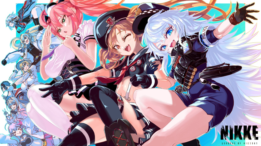 6+girls a.c.p.u._(nikke) absurdres anchor_print arm_guards armband ass bandolier black_gloves black_hair blonde_hair blue_eyes blue_hair blush breasts brown_eyes brown_hair chain collared_shirt copyright_name corset cropped_shirt crow_(nikke) drake_(nikke) exotic_(nikke) falling flat_chest floating_hair flower frills gloves goddess_of_victory:_nikke green_eyes grey_hair grey_skirt hair_flower hair_ornament hand_on_own_chest hat highres holding_another's_arm inugressive jackal_(nikke) laplace_(nikke) large_breasts light_blush long_hair looking_at_viewer matis_(nikke) maxwell_(nikke) midriff military_hat miniskirt miranda_(nikke) multiple_girls navel neckerchief one_eye_closed pink_hair pleated_skirt poli_(nikke) police police_hat police_uniform policewoman pouch quiry_(nikke) red_neckerchief sailor_collar sailor_shirt salute shirt short_sleeves shoulder_pads sidelocks skirt smile socks thighhighs thighs thumbs_up twintails uniform v very_long_hair viper_(nikke) wavy_hair weapon white_hair white_shirt white_thighhighs