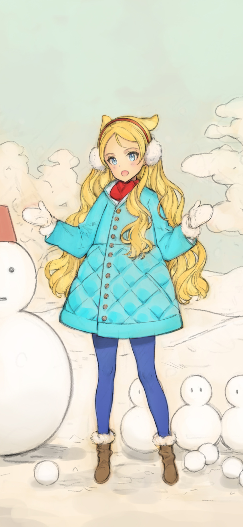 1girl absurdres blonde_hair blue_coat blue_eyes blue_pantyhose blush boots cloud coat commentary_request earmuffs fur-trimmed_footwear fur_trim highres ingrid_(seiken_no_faeries) long_hair mittens open_mouth outdoors oyari_ashito pantyhose red_scarf scarf seiken_no_faeries sketch sky smile snow snowman solo wavy_hair white_mittens