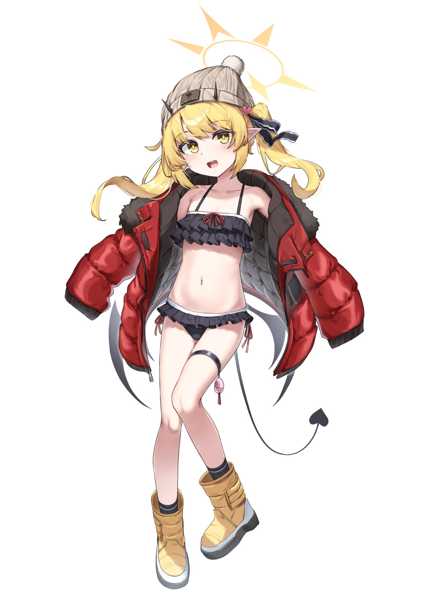 1girl :d absurdres bare_shoulders beanie belt bikini bikini_skirt black_bikini blonde_hair blue_archive blush boots collarbone crime_prevention_buzzer demon_tail di_le_to frilled_bikini frills full_body halo hat highres horns ibuki_(blue_archive) jacket long_hair long_sleeves looking_at_viewer midriff navel off_shoulder open_clothes open_jacket open_mouth padded_jacket simple_background sleeves_past_fingers sleeves_past_wrists smile solo standing stomach swimsuit swimsuit_under_clothes tail thigh_strap twintails very_long_hair white_background wings winter_clothes yellow_eyes yellow_footwear