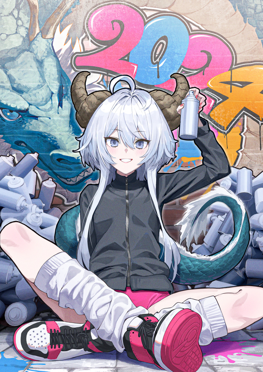 1girl 2024 ahoge arm_up black_jacket blue_eyes blush brick_floor brick_wall buruma can chinese_zodiac commentary_request cross-laced_footwear crossed_ankles demon_horns dragon dragon_tail eastern_dragon graffiti grin hair_between_eyes highres holding holding_can horns jacket kabu_(niniko2ko) looking_at_viewer loose_socks nail_polish on_floor original paint_splatter parted_lips pink_buruma red_nails shoe_soles shoes sidelocks sitting smile sneakers socks solo spray_can spray_paint straight-on tail teeth too_many track_jacket white_hair white_socks year_of_the_dragon
