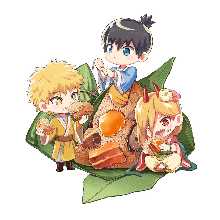 1girl 2boys absurdres black_hair blonde_hair blue_eyes boots chainsaw_man chibi denji_(chainsaw_man) eating flower food food_on_face hair_flower hair_ornament hayakawa_aki highres horns indian_style japanese_clothes kimono kiunchiku multiple_boys mushroom obi onigiri pink_kimono power_(chainsaw_man) red_eyes red_horns rice robe rope sash sharp_teeth sitting teeth topknot yellow_eyes yellow_robe