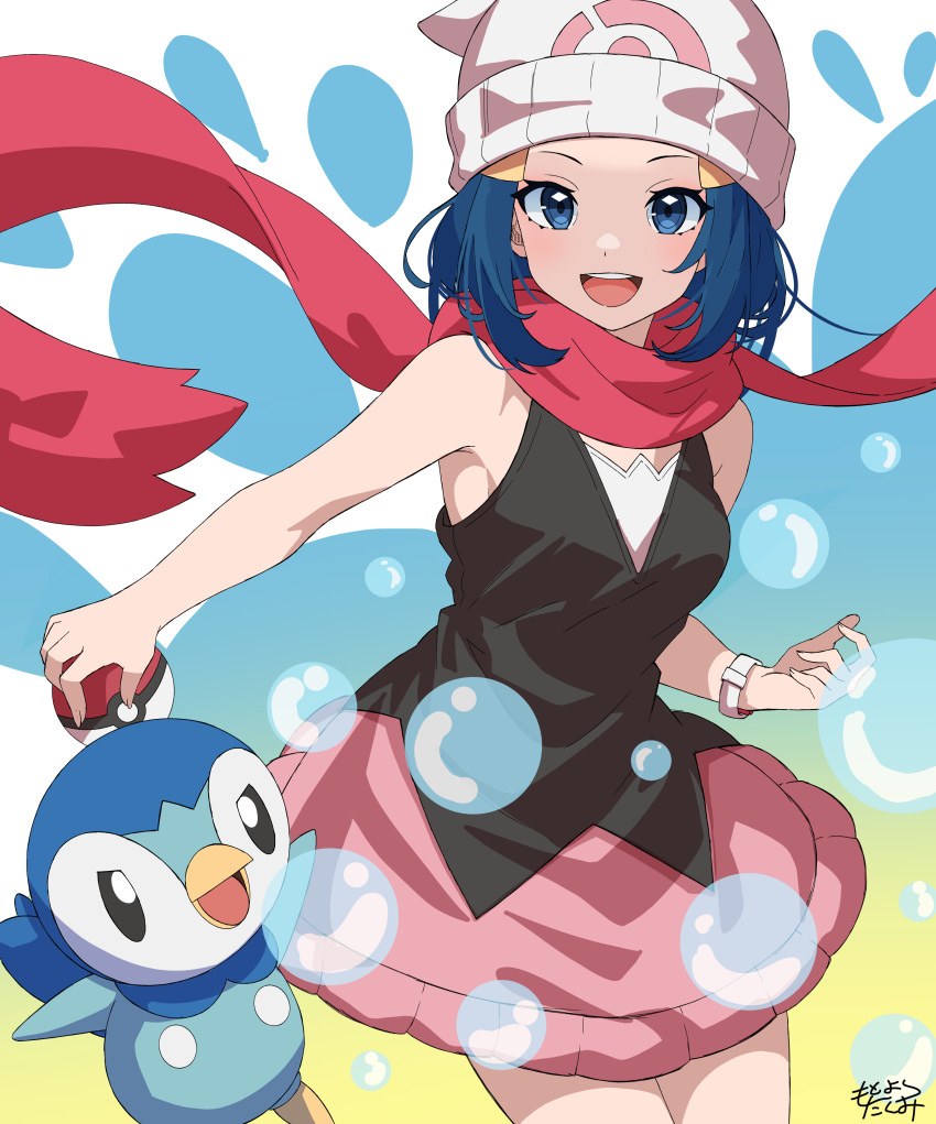1girl :d absurdres beanie black_shirt blue_eyes blue_hair bracelet commentary_request dawn_(pokemon) eyelashes floating_scarf hair_ornament hairclip hat highres holding holding_poke_ball jewelry looking_at_viewer mototaku open_mouth pink_scarf pink_skirt piplup poke_ball poke_ball_(basic) pokemon pokemon_(creature) pokemon_dppt scarf shirt sidelocks skirt sleeveless sleeveless_shirt smile teeth tongue upper_teeth_only white_headwear