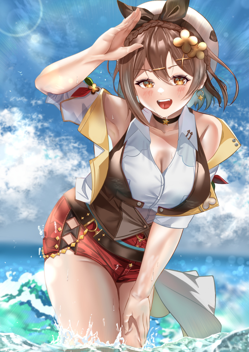 1girl 404_(pixiv_94263879) absurdres atelier_(series) atelier_ryza atelier_ryza_3 bare_legs beach blush braid breast_pocket breasts brown_hair brown_vest choker cleavage clover_hair_ornament collarbone commentary crown_braid dangle_earrings earrings hair_ornament highres jewelry large_breasts no_gloves no_shoes pocket red_shorts reisalin_stout short_shorts shorts sleeveless sleeveless_jacket star_(symbol) star_choker star_earrings thighs vest white_headwear x_hair_ornament yellow_eyes