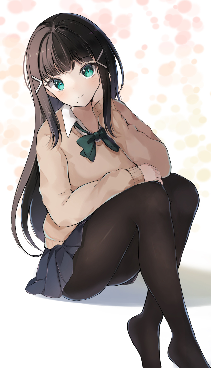 1girl absurdres black_hair black_pantyhose black_skirt bow breasts brown_sweater closed_mouth collared_shirt commentary_request crossed_legs green_bow green_eyes hair_ornament hairclip hand_up highres knees_up kurosawa_dia long_hair long_sleeves love_live! love_live!_sunshine!! medium_breasts mole mole_under_mouth no_shoes pantyhose pleated_skirt puffy_long_sleeves puffy_sleeves school_uniform shadow shirt sin_(sin52y) sitting skirt sleeves_past_wrists smile solo sweater very_long_hair white_background white_shirt