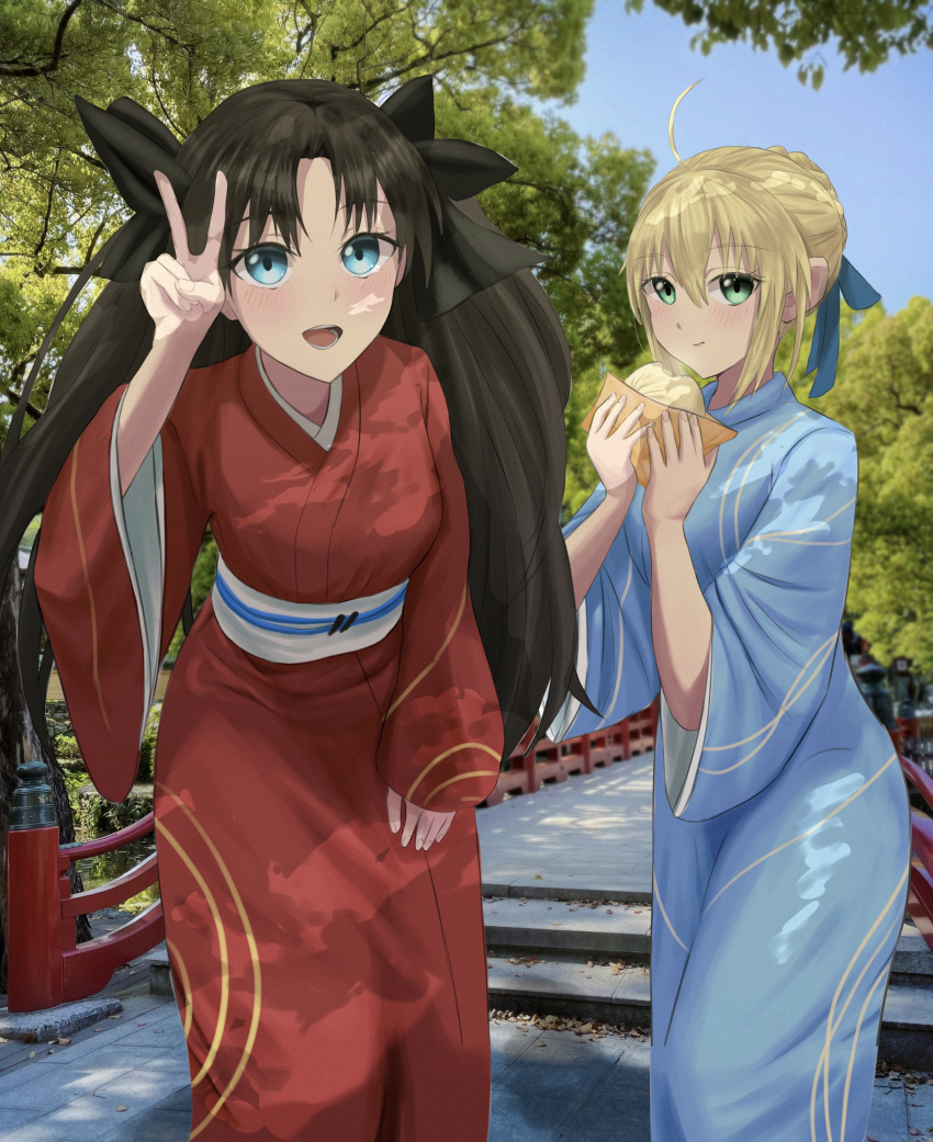 2girls :d absurdres ahoge artoria_pendragon_(fate) baozi black_hair black_ribbon blonde_hair blue_eyes blue_kimono braid braided_bun commentary_request eating fate/stay_night fate_(series) food green_eyes hair_between_eyes hair_bun hair_ribbon hand_up highres holding holding_food japanese_clothes kimono long_hair multiple_girls new_year obi outdoors red_kimono ribbon saber_(fate) sash single_hair_bun smile tohsaka_rin two_side_up user_neks5523 v wide_sleeves