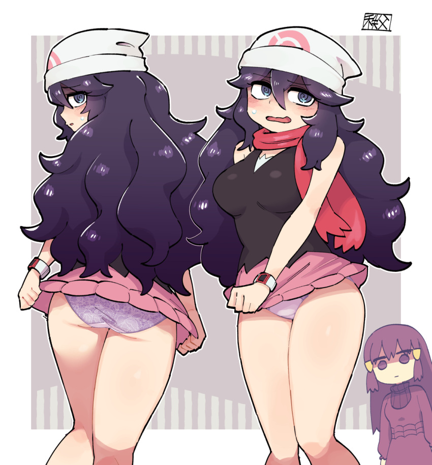 2girls beanie black_hair black_shirt blush border chichibu_(watson) commentary_request cosplay costume_switch curly_hair dawn_(pokemon) dawn_(pokemon)_(cosplay) hair_between_eyes hat hex_maniac_(pokemon) hex_maniac_(pokemon)_(cosplay) highres long_hair miniskirt multiple_girls multiple_views open_mouth outside_border panties pink_scarf pink_skirt pokemon pokemon_dppt pokemon_xy poketch purple_panties scarf shirt skirt sleeveless sleeveless_shirt sweatdrop underwear watch white_border white_headwear wristwatch