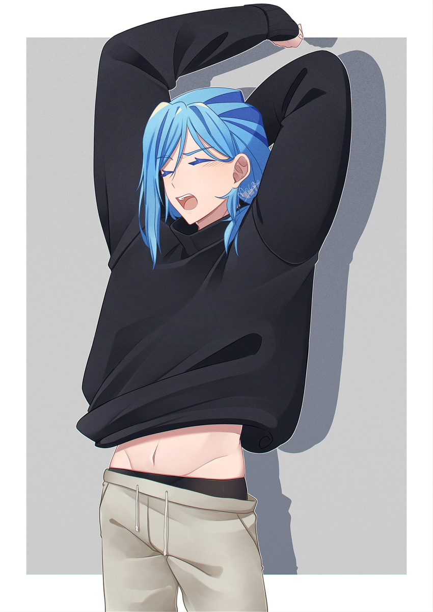 1boy black_male_underwear black_sweater blue_hair blush border closed_eyes commentary_request cowboy_shot eyelashes grey_background grusha_(pokemon) highres long_sleeves male_focus male_underwear mocacoffee_1001 open_mouth outside_border pants pokemon pokemon_sv signature solo stretching sweater teeth tongue underwear upper_teeth_only white_border