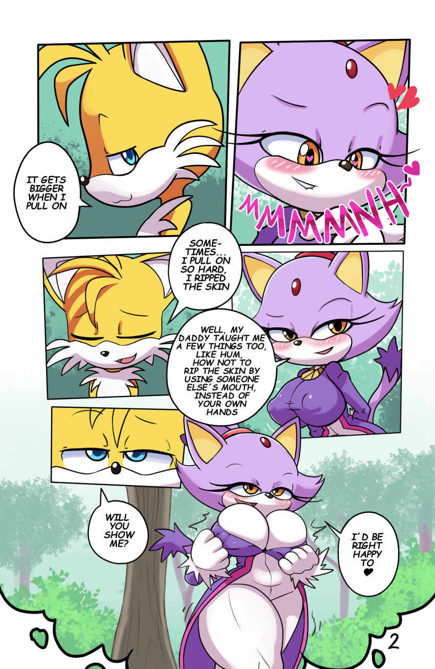 &lt;3 absurd_res anthro big_breasts blaze_the_cat blush breasts clothed clothing comic dialogue domestic_cat duo english_text felid feline felis female hi_res ichduhernz mammal miles_prower plant sega sonic_the_hedgehog_(series) text thick_thighs tree undressing