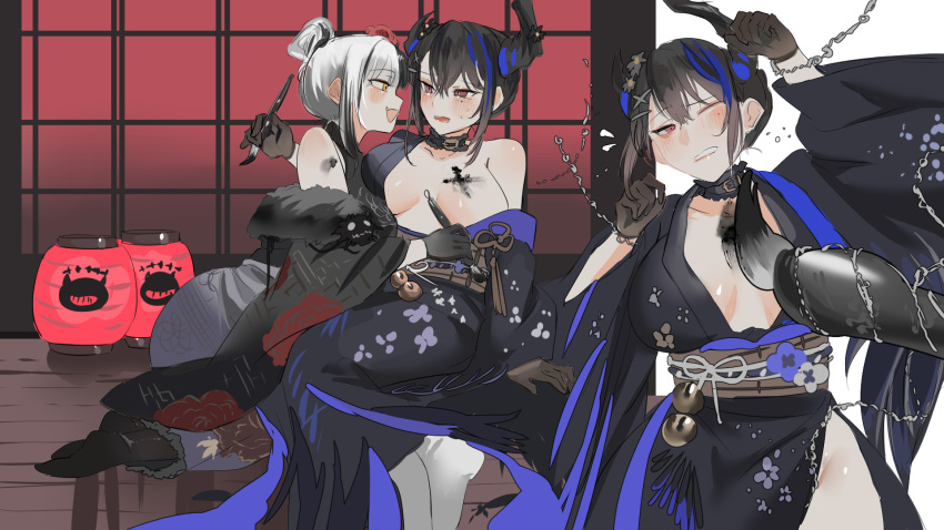 2girls adapted_costume asymmetrical_horns black_hair blush breasts colored_inner_hair demon_horns hair_ornament highres holding holding_brush holding_paintbrush hololive hololive_english horns japanese_clothes kimono large_breasts long_hair long_sleeves looking_at_viewer mole mole_under_eye multicolored_hair multiple_girls nerissa_ravencroft nerissa_ravencroft_(new_year) official_alternate_costume open_mouth paint paint_on_body paint_stains paintbrush partially_undressed red_eyes set7 shiori_novella shiori_novella_(new_year) smile split-color_hair two-tone_hair uneven_horns virtual_youtuber wide_sleeves yellow_eyes yuri
