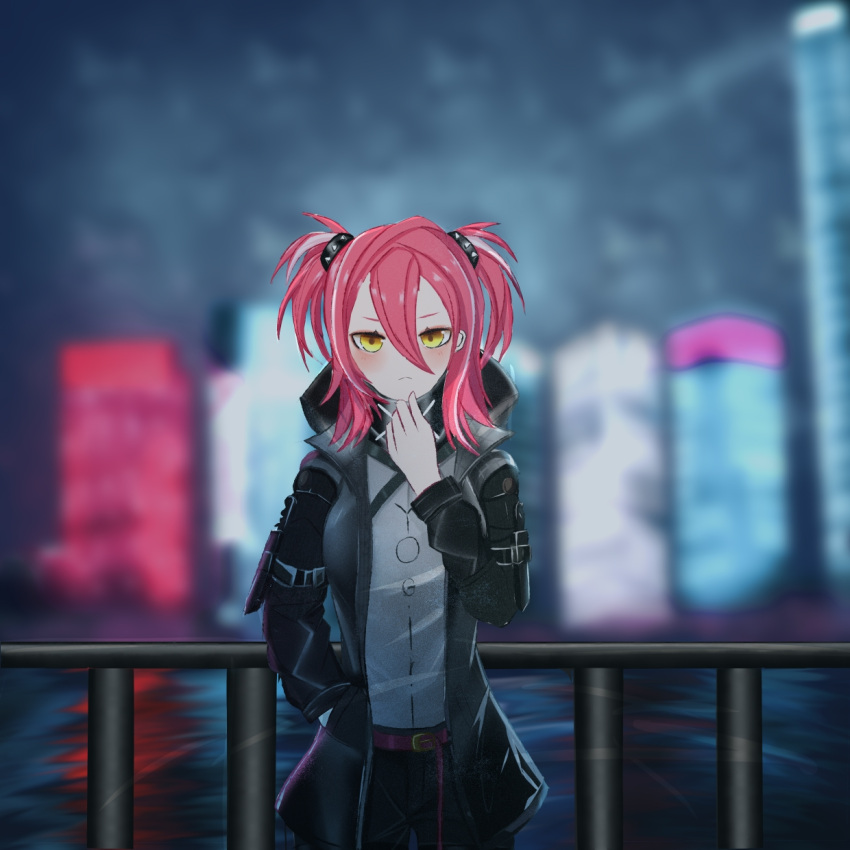 1girl belt blurry blurry_background coat highres hololive hololive_china railing red_hair trench_coat twintails virtual_youtuber water yogiri_(hololive)