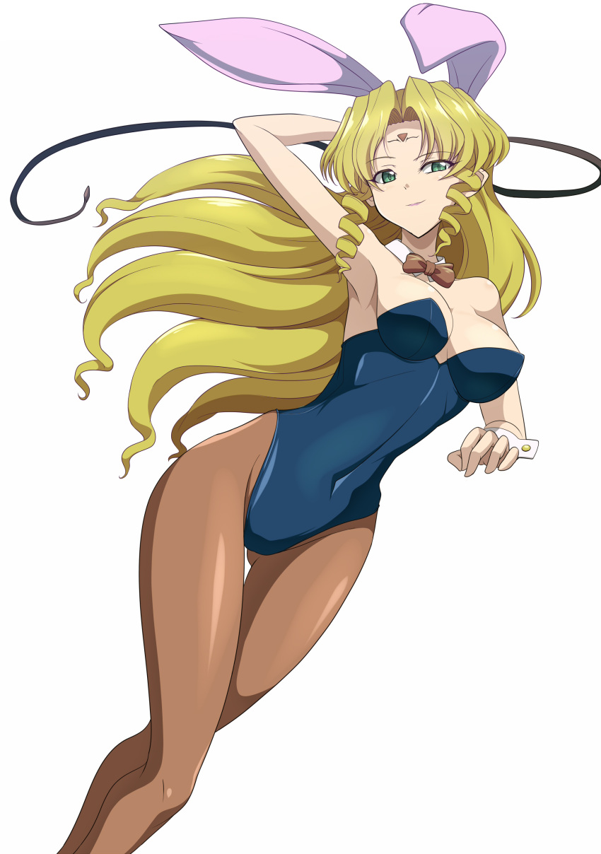 1girl absurdres animal_ears bakuretsu_hunters barbara_ouiblert blonde_hair blue_eyes blue_leotard bow bowtie brown_bow brown_bowtie brown_legwear clam_curry commentary_request cowboy_shot detached_collar drill_hair facial_mark feet_out_of_frame forehead_mark highres leotard looking_at_viewer pantyhose playboy_bunny rabbit_ears rabbit_tail simple_background smile solo strapless strapless_leotard tail whip white_background wrist_cuffs