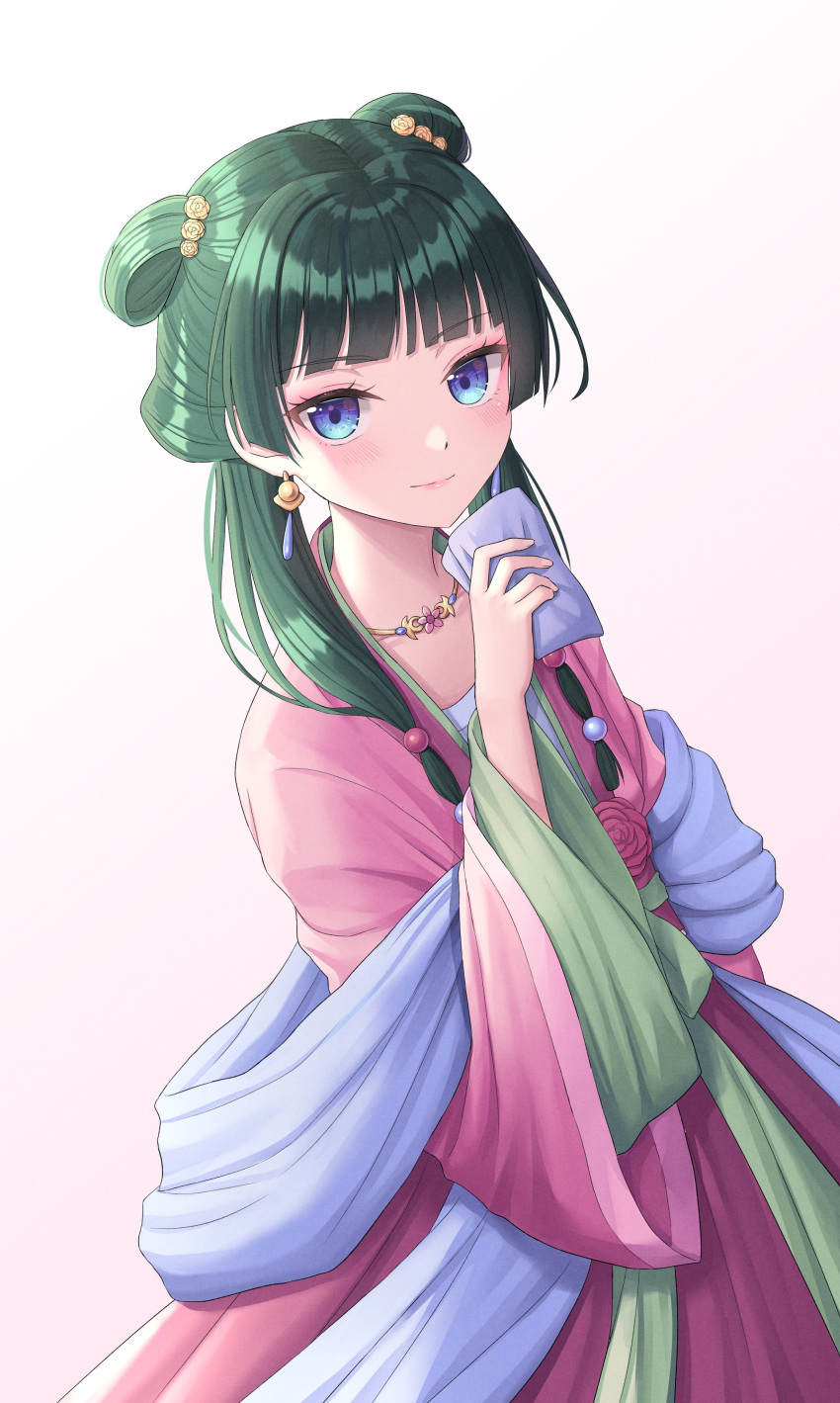 1girl absurdres blue_eyes chinese_clothes closed_mouth dress earrings green_eyes harem_outfit highres holding jewelry kusuriya_no_hitorigoto light_blush lipstick long_sleeves looking_at_viewer makeup maomao_(kusuriya_no_hitorigoto) multicolored_clothes multicolored_dress multicolored_eyes purple_eyes seungju_lee simple_background smile solo wide_sleeves