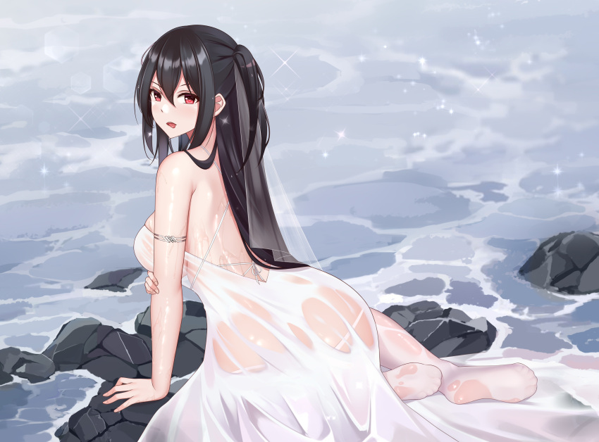 1girl absurdres ass azur_lane backless_dress backless_outfit bare_shoulders breasts dress highres kuroshiro_no_tsubasa large_breasts long_hair looking_at_viewer looking_back no_shoes official_alternate_costume red_eyes see-through sleeveless sleeveless_dress soles solo taihou_(azur_lane) taihou_(temptation_on_the_sea_breeze)_(azur_lane) very_long_hair wedding_dress wet wet_clothes white_dress white_legwear