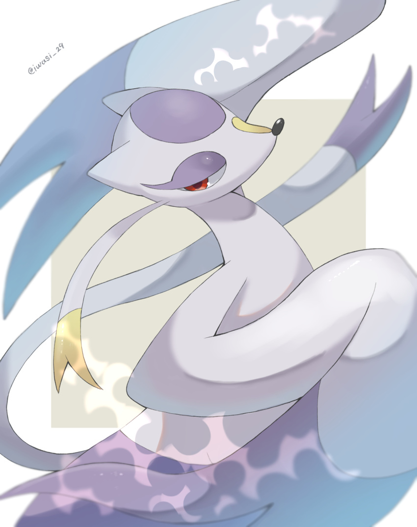 artist_name aura colored_skin commentary_request grey_background highres iwasi_29 mienshao pokemon pokemon_(creature) purple_skin red_eyes snout tail twitter_username two-tone_background whiskers white_background