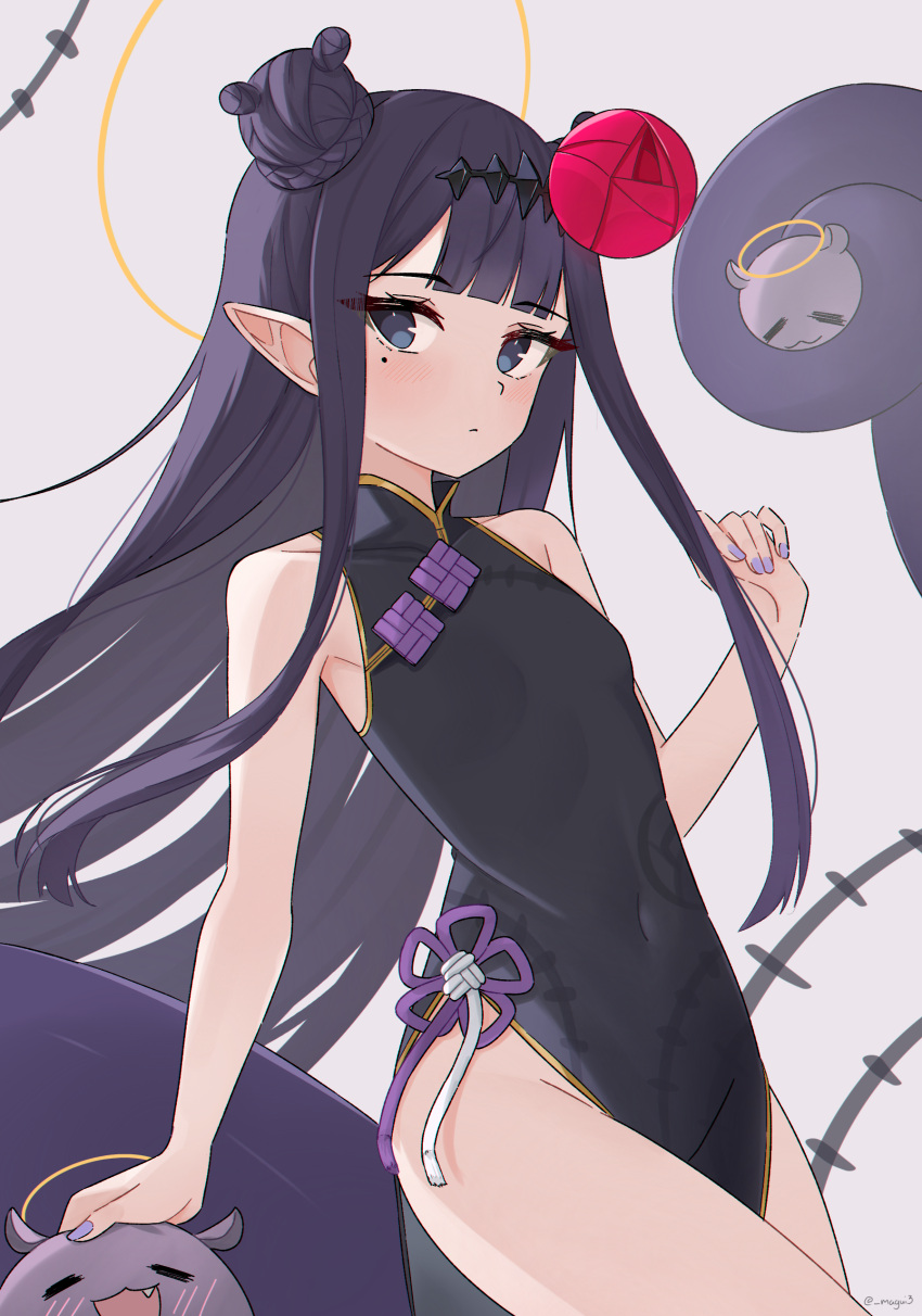 1girl absurdres black_dress breasts dress highres hololive hololive_english long_hair looking_at_viewer magui3 mole mole_under_eye nail_polish ninomae_ina'nis pointy_ears purple_eyes purple_hair purple_nails sidelocks sleeveless sleeveless_dress small_breasts takodachi_(ninomae_ina'nis) very_long_hair virtual_youtuber