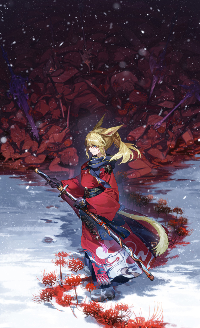 1girl animal_ears blonde_hair blood_on_snow blue_eyes breasts cat_ears cat_tail disembodied_limb evil_grin evil_smile final_fantasy final_fantasy_xiv flower from_side full_body gloves greatsword grey_footwear grin highres holding holding_sword holding_weapon japanese_clothes katana kimono long_bangs looking_at_viewer mage_staff medium_hair miqo'te pile_of_corpses ponytail purple_gloves red_flower red_kimono rff_(3_percent) samurai shaded_face sheathing small_breasts smile snow snowing solo_focus sword tail warrior_of_light_(ff14) weapon