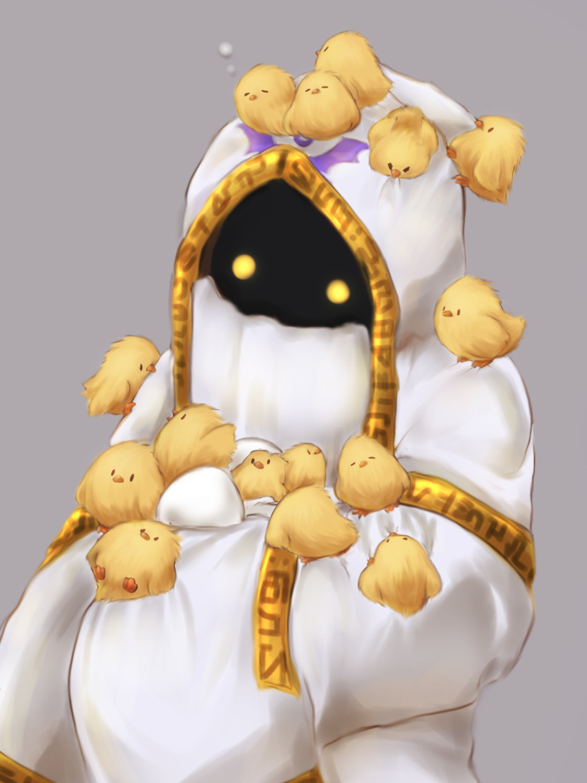 1boy animal_on_head animal_on_shoulder beak bird bird_on_hand bird_on_head bird_on_shoulder chick cloak commentary_request egg glowing glowing_eyes gold_trim highres holding holding_egg hood hyness kirby:_star_allies kirby_(series) long_sleeves looking_to_the_side lying male_focus mouth_veil mukurou-rukb on_back on_head simple_background sleeping sleeves_past_fingers sleeves_past_wrists solo veil very_long_sleeves white_cloak white_hood yellow_eyes yellow_feathers