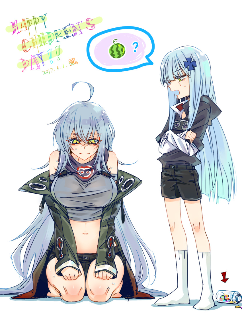 2girls age_switch aged_down aged_up ahoge arrow_(symbol) black_jacket black_shorts blunt_bangs breasts children's_day chinese_commentary closed_mouth commentary_request crop_top crossed_arms dated food fruit full_body g11_(girls'_frontline) girls'_frontline green_eyes green_jacket grey_hair grey_shirt hair_between_eyes hands_on_own_knees highres hk416_(girls'_frontline) jacket jar large_breasts long_hair long_sleeves looking_at_another looking_down multiple_girls navel open_clothes open_jacket open_mouth seal_impression seiza shirt shorts simple_background sitting socks spoken_food standing stomach su_xiao_jei sweatdrop teardrop_facial_mark very_long_hair watermelon white_background white_shirt white_socks yellow_eyes