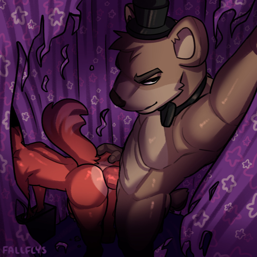1:1 2023 anal anal_penetration anthro anthro_on_anthro anthro_penetrated bareback bear bent_over big_butt bow_tie butt canid canine clothing curtains duo erection fallflys five_nights_at_freddy's fox foxy_(fnaf) freddy_(fnaf) fur genitals hat headgear headwear hi_res high-angle_view inside male male/male male_penetrated male_penetrating male_penetrating_male mammal muscular muscular_anthro muscular_male narrowed_eyes nude penetration penile penile_penetration penis penis_in_ass scottgames sex signature top_hat tuft