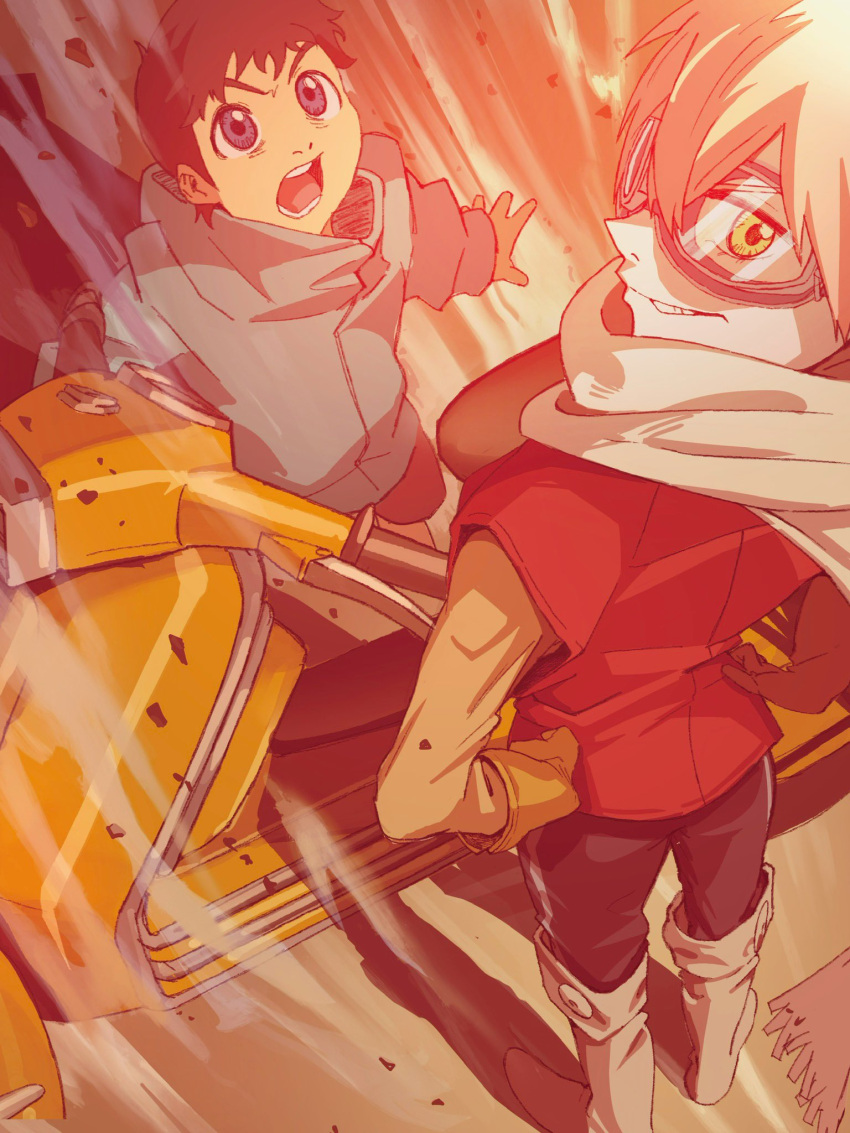 1boy 1girl boots flcl gloves goggles green_eyes haruhara_haruko highres motor_vehicle nandaba_naota open_mouth pink_hair pink_punk_ponk scooter shadow short_hair standing teeth vespa white_footwear yellow_gloves