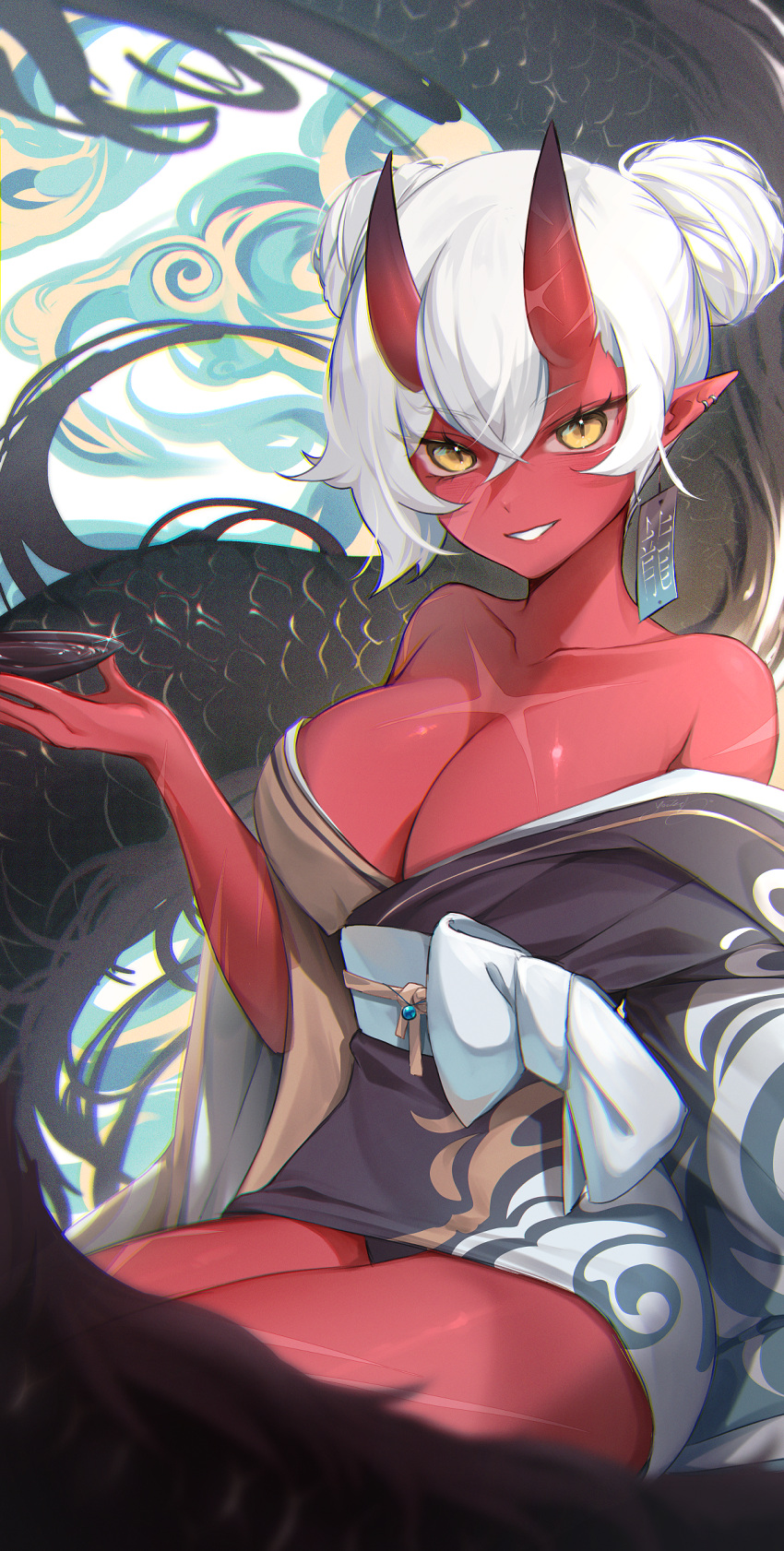 1girl akumi_(yoclesh) alcohol bare_shoulders breasts brown_kimono cleavage collarbone colored_skin cup ear_piercing earrings hair_between_eyes highres holding holding_cup horns japanese_clothes jewelry kimono large_breasts looking_at_viewer obi oni_horns piercing pointy_ears red_horns red_skin sakazuki sake sash scar scar_on_breasts scar_on_face scar_on_leg sitting smile solo thighs two-tone_kimono virtual_youtuber vyugen white_kimono yoclesh