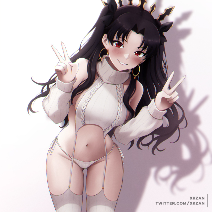 1girl alternate_costume arms_up bare_shoulders belly black_hair black_ribbon blush bow breasts brown_hair clothing_cutout cropped_legs crown curvy detached_sleeves dress earrings elbow_gloves eyelashes fate/grand_order fate_(series) garter_belt garter_straps gloves gold gold_earrings groin hair_bow hair_intakes hair_ornament hair_ribbon halterneck hip_focus hoop_earrings ishtar_(fate) jewelry leaning_forward lingerie long_hair long_sleeves looking_at_viewer meme meme_attire midriff narrow_waist navel no_bra open_mouth panties parted_bangs parted_lips peace_symbol red_eyes red_pupils revealing_clothes ribbed_legwear ribbed_sleeves ribbed_sweater ribbon shirt sideboob sidelocks simple_background skin_tight skindentation sleeveless small_breasts smile smug solo standing stomach straight_hair suspenders sweater sweater_dress thick_thighs thighhighs thighs thong tiara tsundere turtleneck turtleneck_sweater twitter_username two_side_up underwear v very_long_hair virgin_destroyer_sweater virgin_killer_sweater wardrobe_error white_panties white_sweater white_thighhighs wide_hips xkzan
