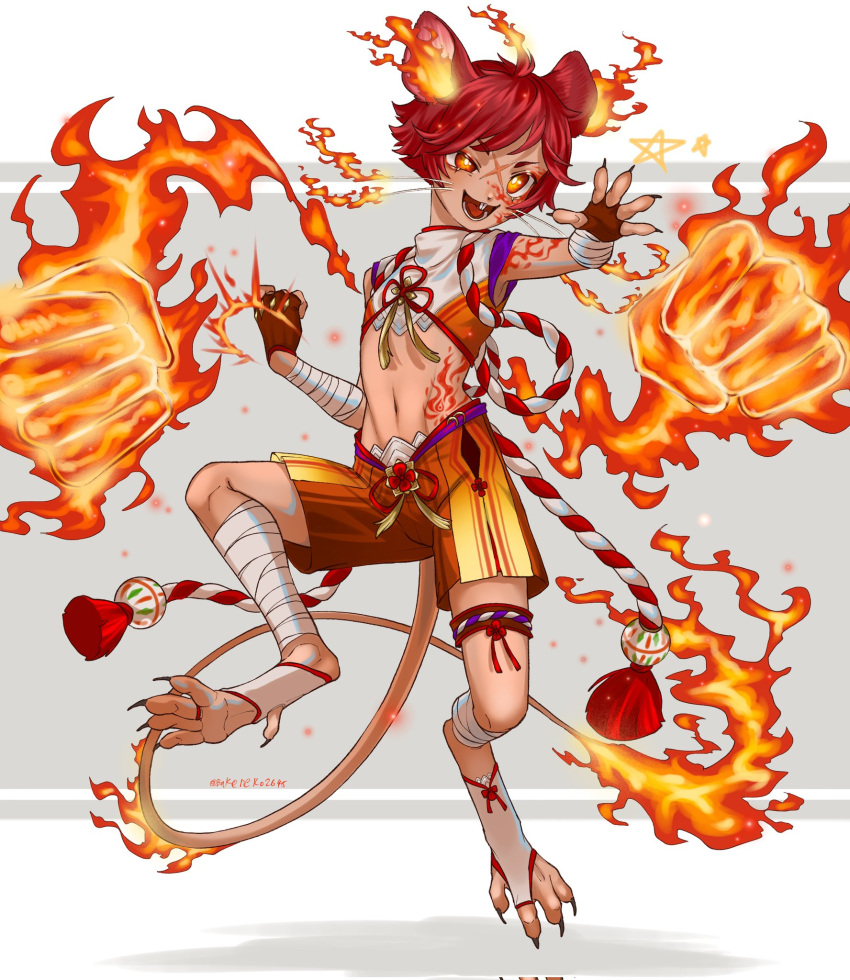 1boy animal_ears animal_feet arm_wrap bright_pupils buck_teeth claws cropped_shirt cross_scar digitigrade fingerless_gloves fire flame-tipped_tail flame_tattoo flaming_ears flaming_hand full_body gloves grey_background hands_up highres kouhaku_nawa leg_wrap looking_at_viewer male_focus midriff monster_boy mouse_boy mouse_ears mouse_tail open_mouth orange_eyes original red_gloves red_hair red_shorts rope sabuneko2645 scar scar_on_face shimenawa short_hair short_sleeves shorts simple_background solo star_(symbol) tail teeth thigh_strap toeless_footwear twitter_username uneven_eyes whiskers white_pupils