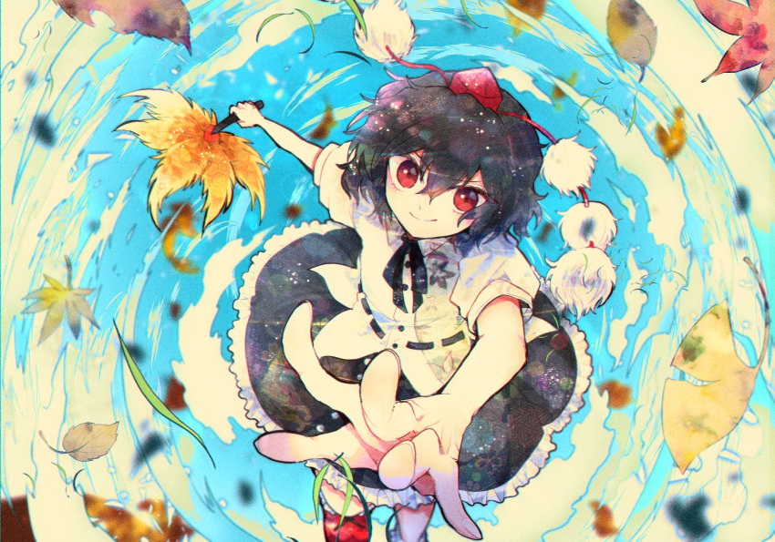 1girl autumn_leaves bangs black_neckwear black_ribbon black_skirt blue_sky brown_hair collared_shirt commentary_request cowboy_shot flying frilled_skirt frills full_body hair_between_eyes hat hauchiwa itomugi-kun looking_at_viewer outstretched_arm pom_pom_(clothes) red_eyes red_footwear ribbon shameimaru_aya shirt short_hair short_sleeves skirt sky smile solo tassel tokin_hat touhou white_shirt wind wing_collar