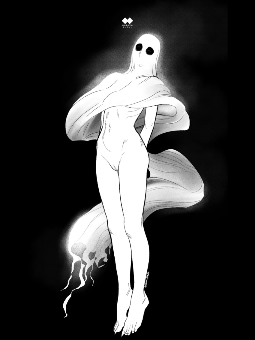 1girl arms_behind_back artist_logo artist_name barefoot bottomless clitoral_hood facing_viewer feet floating full_body ghost_girl glowing godiva_ghoul greyscale groin highres hollow_eyes knees leaning_back legs mask monochrome naked_costume navel original pillarboxed plantar_flexion pussy ribs sharp_toenails sheet_ghost stomach toenails torn_clothes