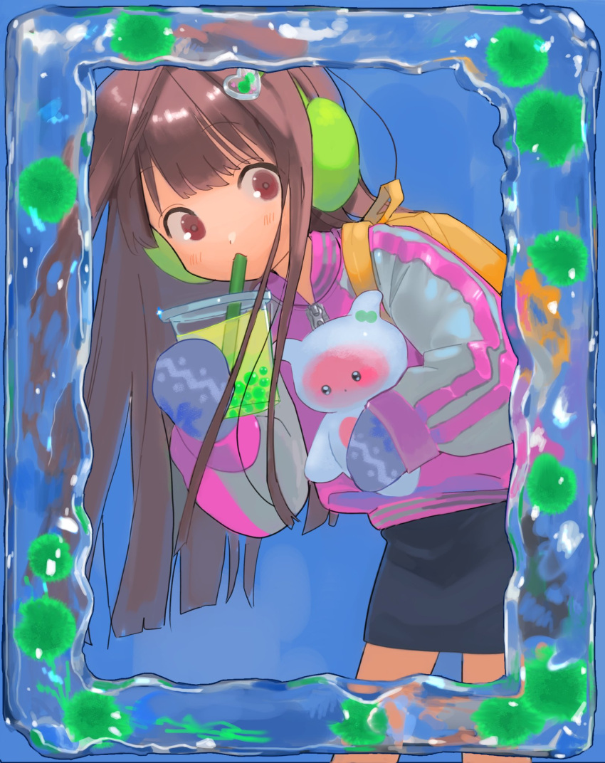 1girl backpack bag blue_mittens brown_hair cup drinking drinking_straw earmuffs hair_ornament highres holding holding_cup jacket long_hair long_sleeves mittens original poin_(goruchopame) red_eyes skirt solo zipper_pull_tab