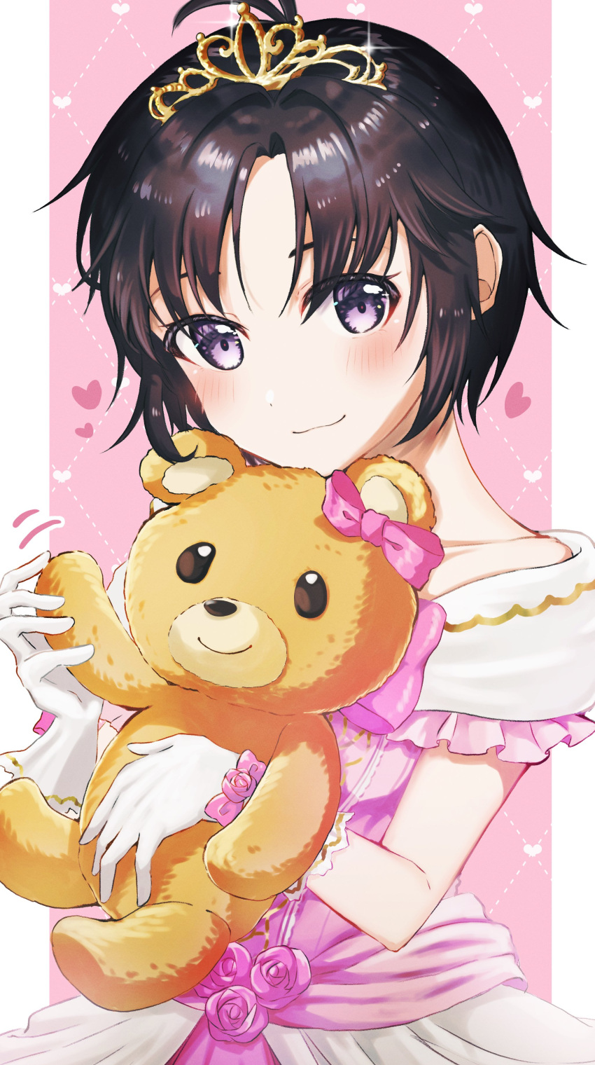 1girl :3 absurdres antenna_hair bangs bare_shoulders black_hair blush bow closed_mouth commentary dress dress_flower frilled_dress frills gloves hair_strand head_tilt heart highres holding holding_stuffed_toy idolmaster idolmaster_(classic) kikuchi_makoto light_smile looking_at_viewer miyagi off-shoulder_dress off_shoulder outside_border pink_background pink_bow pink_dress purple_eyes short_hair smile solo stuffed_animal stuffed_toy teddy_bear tiara two-tone_dress waving white_dress white_gloves