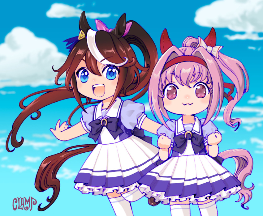 2girls :3 animal_ears blue_eyes blue_sky bow bowtie brown_hair chibi clamp clenched_hands cloud commentary_request ear_piercing feet_out_of_frame flower_in_eye frilled_skirt frills hair_flaps haru_urara_(umamusume) high_ponytail highres horse_ears horse_girl horse_tail horseshoe_ornament long_hair looking_at_viewer miniskirt multicolored_hair multiple_girls piercing pink_hair pleated_skirt ponytail puffy_short_sleeves puffy_sleeves purple_bow purple_bowtie purple_shirt red_eyes sailor_collar sailor_shirt school_uniform serafuku shirt short_sleeves skirt sky standing streaked_hair symbol_in_eye tail thighhighs tokai_teio_(umamusume) tracen_school_uniform two-tone_hair umamusume white_hair white_legwear white_sailor_collar white_skirt