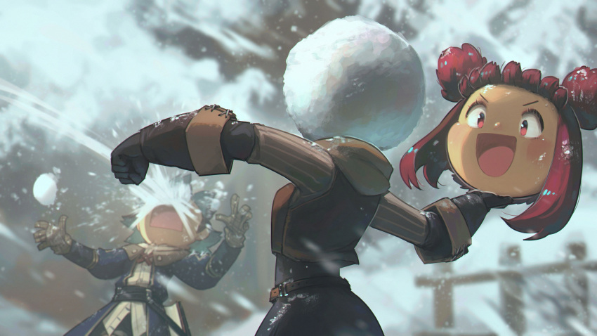 2girls :d absurdres belt black_gloves commentary disembodied_head double_bun dullahan enne_(porforever) gloves green_hair highres in_the_face multiple_girls open_mouth original porforever red_eyes red_hair short_hair smile snow snowball snowball_fight solo_focus throwing v-shaped_eyebrows