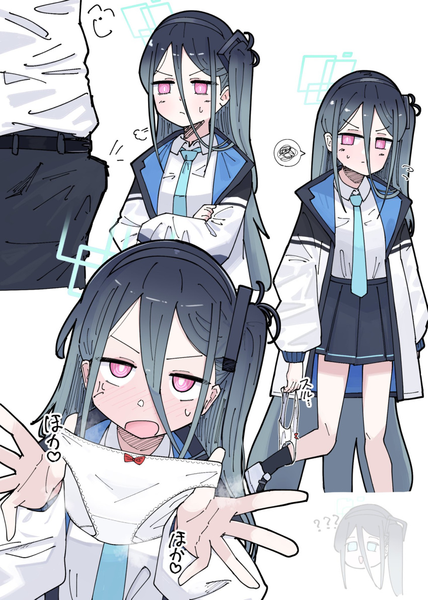 &lt;key&gt;_(blue_archive) 1boy 2girls absurdly_long_hair anger_vein aris_(blue_archive) black_hair black_hairband black_skirt blue_archive blue_eyes blue_necktie blush closed_mouth collared_shirt doodle_sensei_(blue_archive) green_halo hairband halo highres long_hair long_sleeves multiple_girls necktie one_side_up open_mouth panties pleated_skirt puff_of_air puffy_long_sleeves puffy_sleeves red_eyes ringed_eyes sensei_(blue_archive) shirt simple_background skirt spoken_squiggle squiggle underwear very_long_hair white_background white_panties white_shirt yuhatasuki