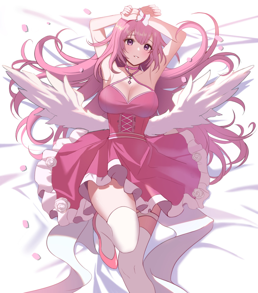 1girl 2wol0207_february absurdres angel_wings armpit_crease blush bow breasts choker cleavage corset criss-cross_halter doll dorothy_(nikke) dorothy_(nostalgia)_(nikke) dress feathered_wings feathers flower goddess_of_victory:_nikke hair_bow hair_bun hair_intakes halterneck high_heels highres large_breasts long_hair looking_at_viewer lying makeup nail_polish official_alternate_costume on_back parted_lips pink_choker pink_dress pink_footwear pink_hair pink_nails purple_eyes rose short_dress single_hair_bun single_side_bun sleeveless sleeveless_dress smile solo table thigh_strap thighhighs thighs white_bow white_thighhighs wings