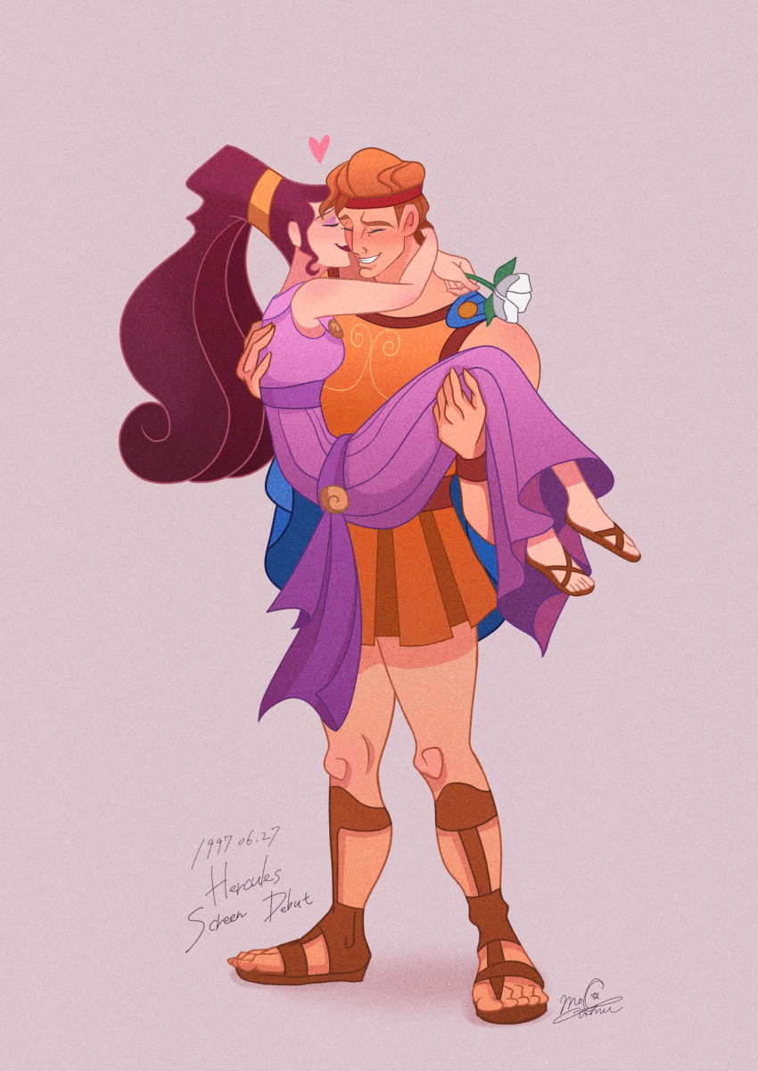 1boy 1girl ^_^ armor blue_cape blush cape carrying carrying_person closed_eyes commentary_request disney dress flower headband heart hercules_(1997_film) hercules_(disney) highres holding holding_flower hug kiss kissing_cheek megara_(disney) moko_eaka ponytail profile purple_background purple_dress purple_sash sandals sash simple_background smile