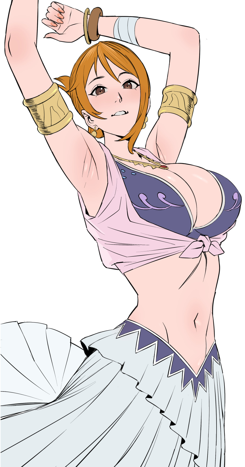 1girl absurdres arabian_clothes armlet armpits arms_up bandaged_arm bandages bangle bare_shoulders belly_dancing bracelet breasts brown_eyes cleavage commentary cowboy_shot crop_top dancer earrings gold_earrings harem_outfit highres jewelry large_breasts looking_at_viewer midriff nami_(one_piece) navel necklace official_alternate_costume one_piece orange_hair parted_lips pink_nails shirt short_hair single_sidelock skirt solo tied_shirt uukkaa white_background white_skirt