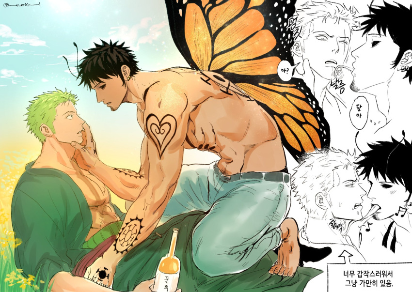 2boys abs alcohol antennae arm_tattoo arthropod_boy back_tattoo bara bare_pectorals barefoot black_sclera blue_sky bottle boy_on_top butterfly_boy butterfly_wings chest_tattoo coat colored_sclera day earrings eye_contact eyeliner facial_hair field finger_tattoo flower flower_field from_side goatee green_coat green_hair hand_tattoo haramaki highres holding holding_bottle insect_wings jewelry korean_text licking licking_another's_face licking_neck long_sideburns long_tongue looking_at_another makeup male_focus male_pubic_hair multiple_boys muscular muscular_male musical_note navel nok_(nok_1) one_eye_closed one_piece outdoors pectorals profile pubic_hair pubic_hair_peek roronoa_zoro scar scar_across_eye scar_on_chest scar_on_face short_hair shoulder_tattoo sideburns sky speech_bubble tattoo thought_bubble tongue topless_male trafalgar_law wings