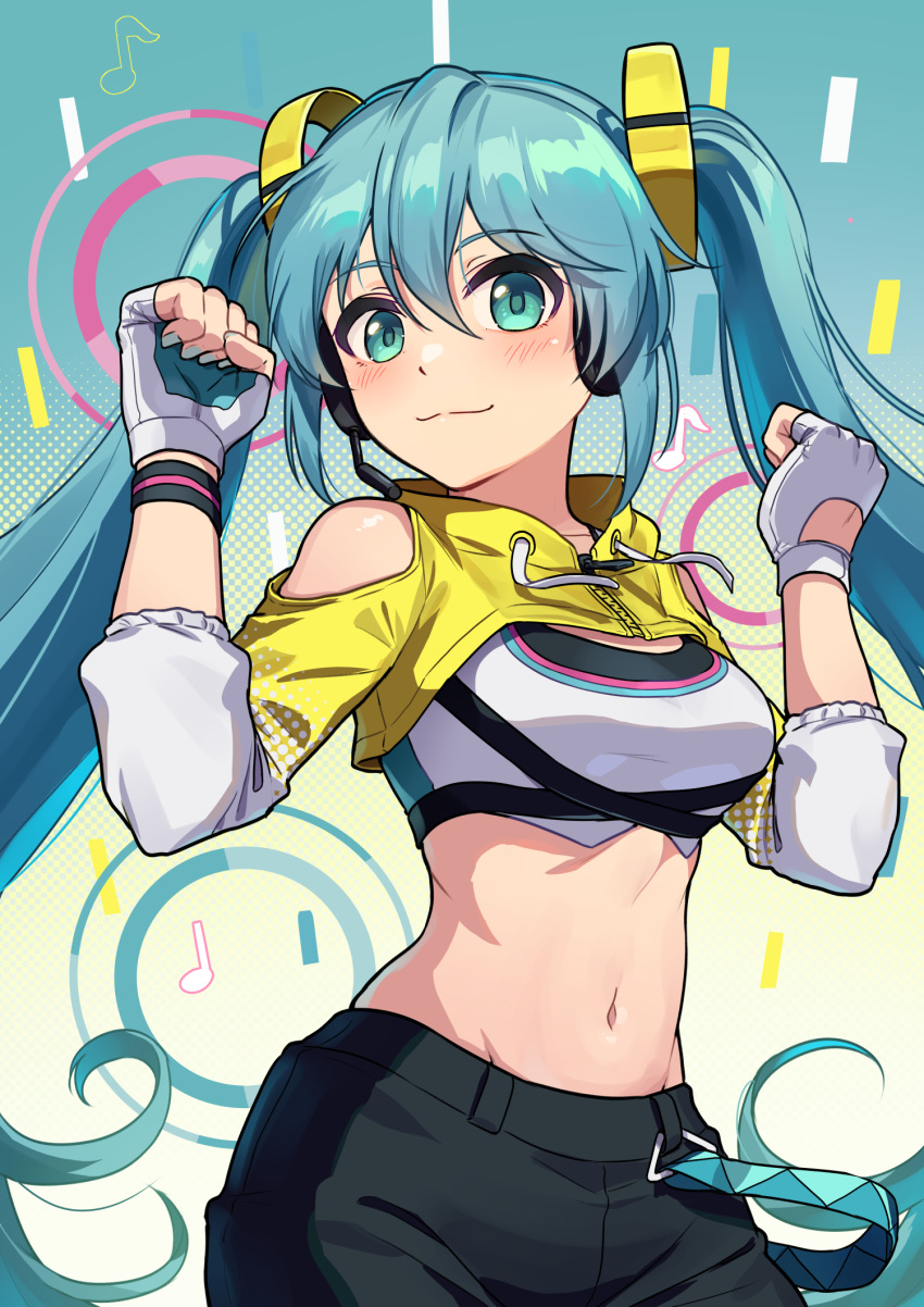 1girl :3 aqua_eyes aqua_hair bare_shoulders breasts clenched_hands closed_mouth clothing_cutout commentary cowboy_shot eighth_note fingerless_gloves fitness_boxing gloves gradient_background gradient_hair hair_between_eyes hands_up hatsune_miku headset highres kamille_(vcx68) long_hair looking_at_viewer medium_breasts midriff multicolored_hair musical_note navel official_alternate_costume pants quarter_note revision shoulder_cutout shrug_(clothing) smile solo sports_bra stomach twintails very_long_hair vocaloid