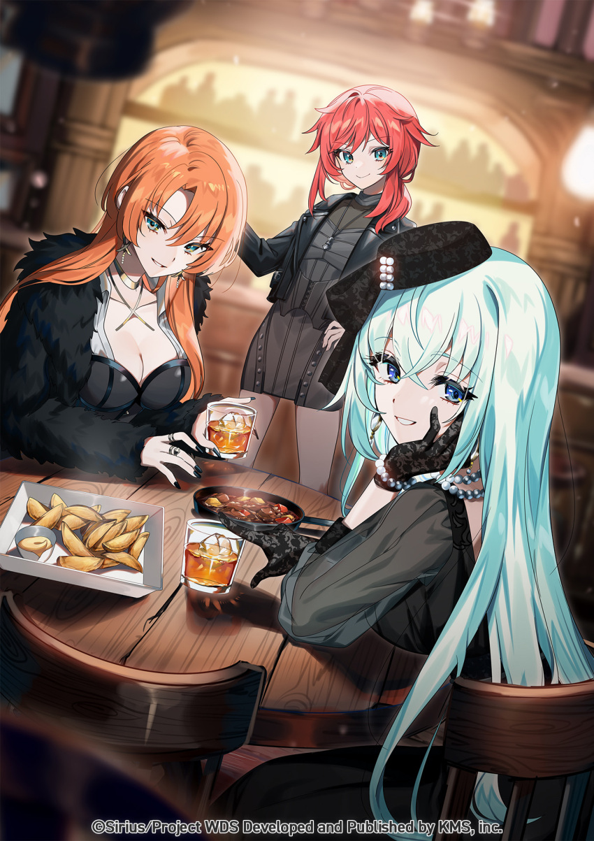 3girls alcohol bar_(place) bare_legs black_dress black_gloves black_headwear black_jacket black_nails blue_eyes blue_hair bottle breasts cleavage commentary_request company_name copyright_notice counter cowboy_shot cup dress dutch_angle food french_fries glass gloves green_eyes hat highres holding holding_cup indoors jacket jewelry large_breasts light_blue_hair lilja_kurtbay liquor long_hair looking_at_viewer miyukiyo multiple_girls multiple_rings nail_polish necklace official_art orange_hair ramona_wolf red_hair ring short_hair sidelocks sitting smile smirk table upper_body wang_xue world_dai_star