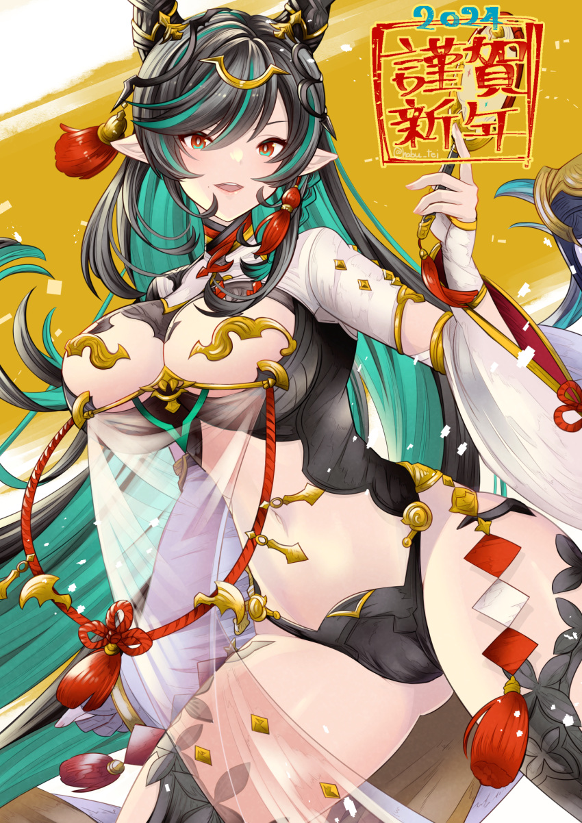 1girl black_hair breasts cleavage_cutout clothing_cutout draph granblue_fantasy green_eyes green_hair habutei hair_ornament highres horns large_breasts looking_at_viewer mole mole_under_mouth multicolored_eyes multicolored_hair navel open_mouth payila_(granblue_fantasy) pointy_ears red_eyes solo streaked_hair tuanshan wide_sleeves